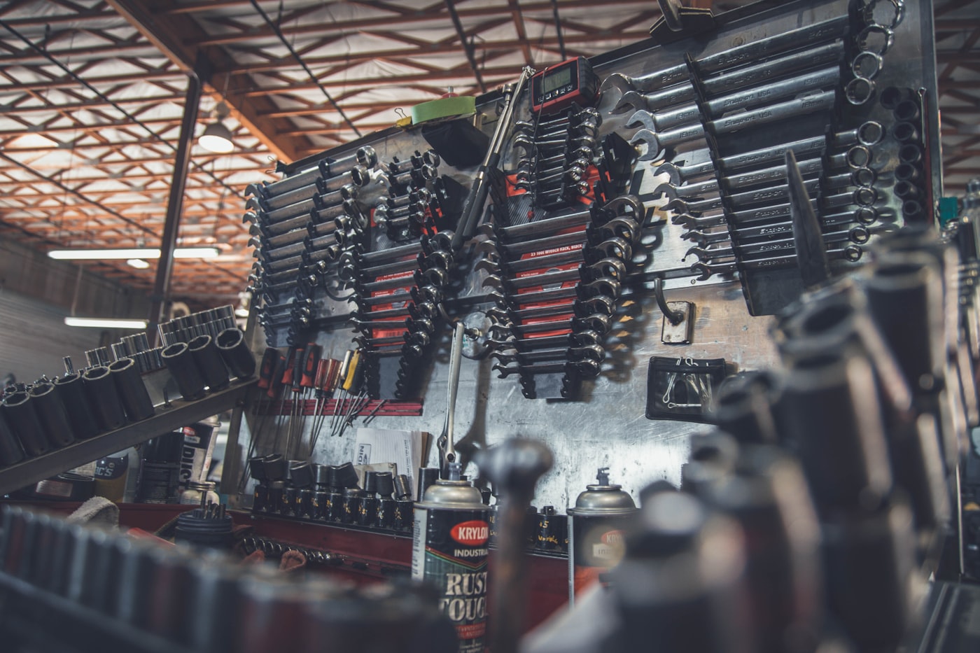 Wall of wrenches and tools in an auto shop