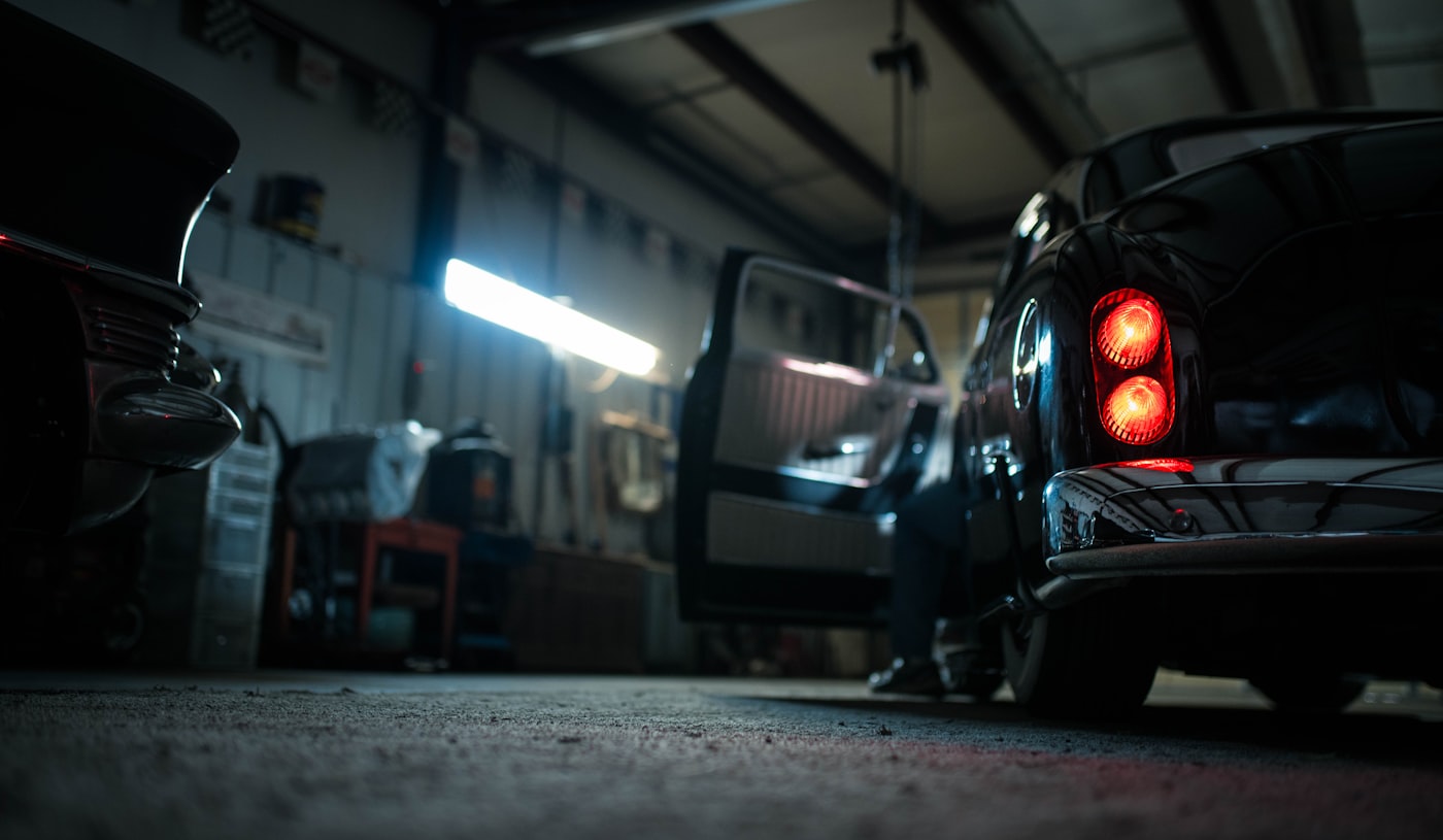 Classic car in a moody garage